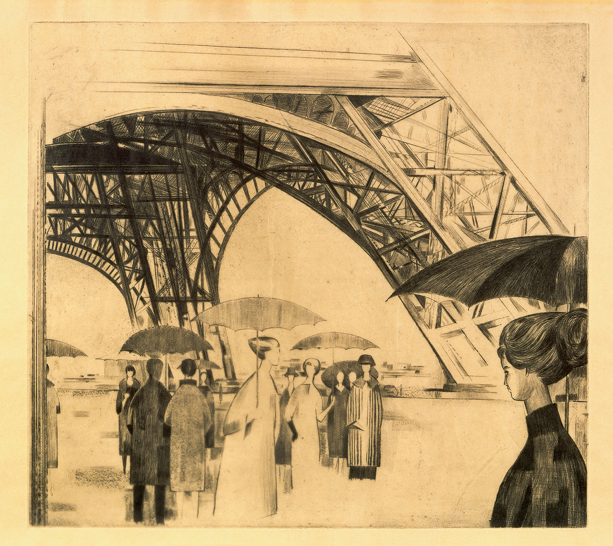 Rain umbrellas under the Eiffel Tower.